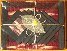 6 Thai Placemats/Coaster Set - Black Edge, Burgundy/Natural Tatami Reed