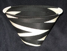 Zulu African Cone Shaped Telephone Wire Basket/Bowl - Black & White Ribbons