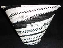Zulu African Cone Shaped Telephone Wire Basket Bowl - Black/White Fantasy Knit