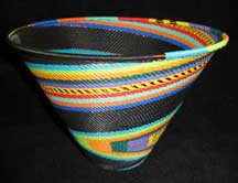 Zulu African Cone Shaped Telephone Wire Basket Bowl -Rainbow/Black Knit
