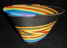 Zulu African Cone Shaped Telephone Wire Basket Bowl - Rainbow/Black Electric Swirl