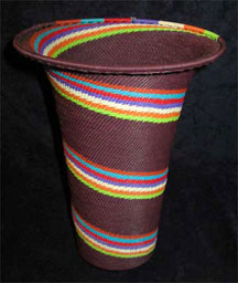 African Zulu Telephone Wire Basket Vase - Brown and Rainbow Swirl