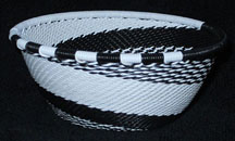 Small African Zulu Telephone Wire Basket Bowl - Black White Feather