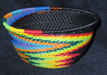 Small African Zulu Telephone Wire Basket Bowl - Black Feathers