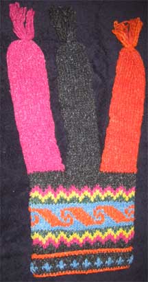 Handmade Jester Folk Pattern Wool Knit Cap/Hat - Chile - Blue/Orange Raspeberry