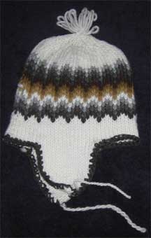 Handmade Folk Pattern Wool Knit Cap/Hat with Ear Coverings- Chile - White Neutrals